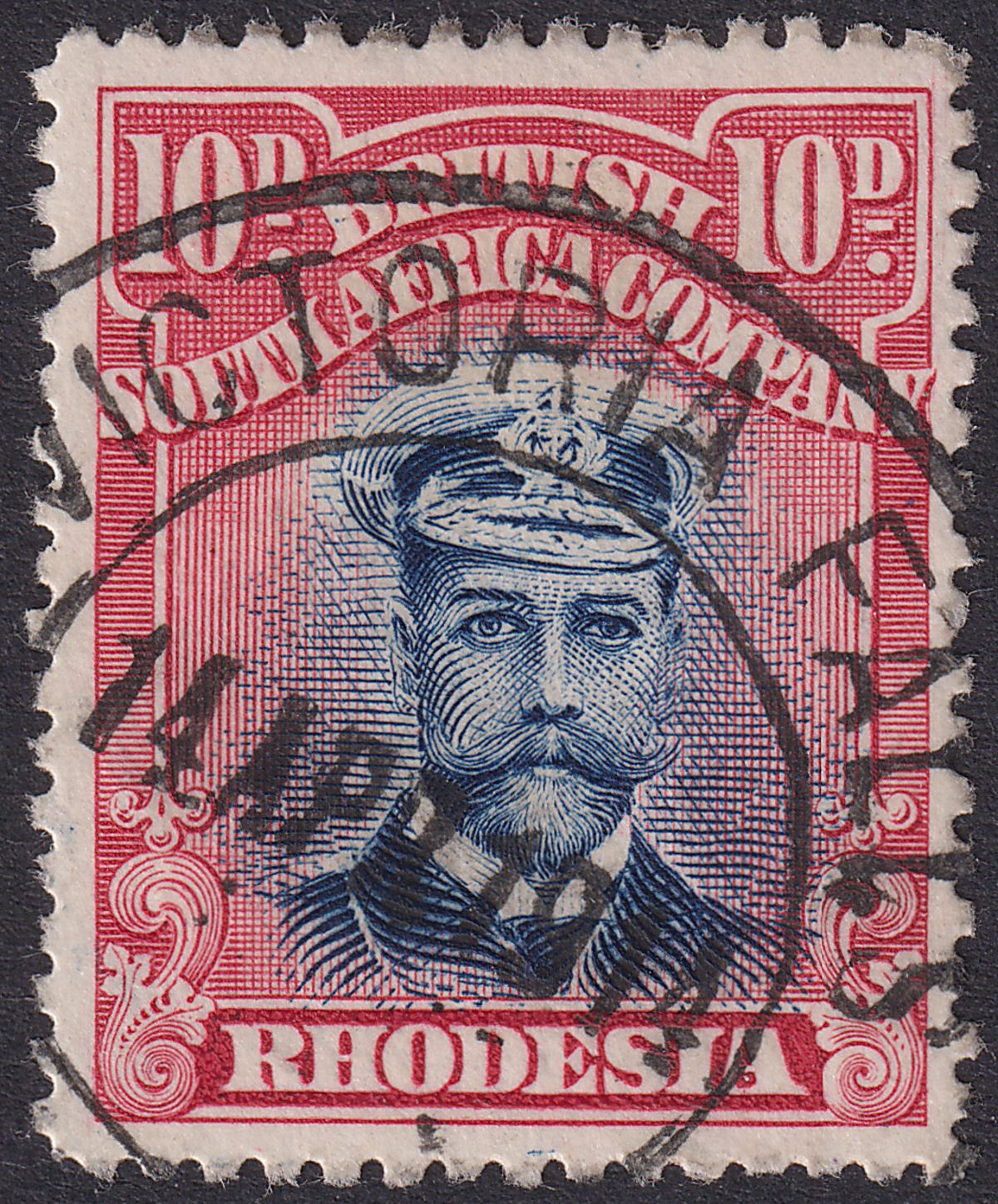 Rhodesia 1913 KGV Admiral 10d Deep Blue + Carmine-Red Die II p15 Used SG247 c£50