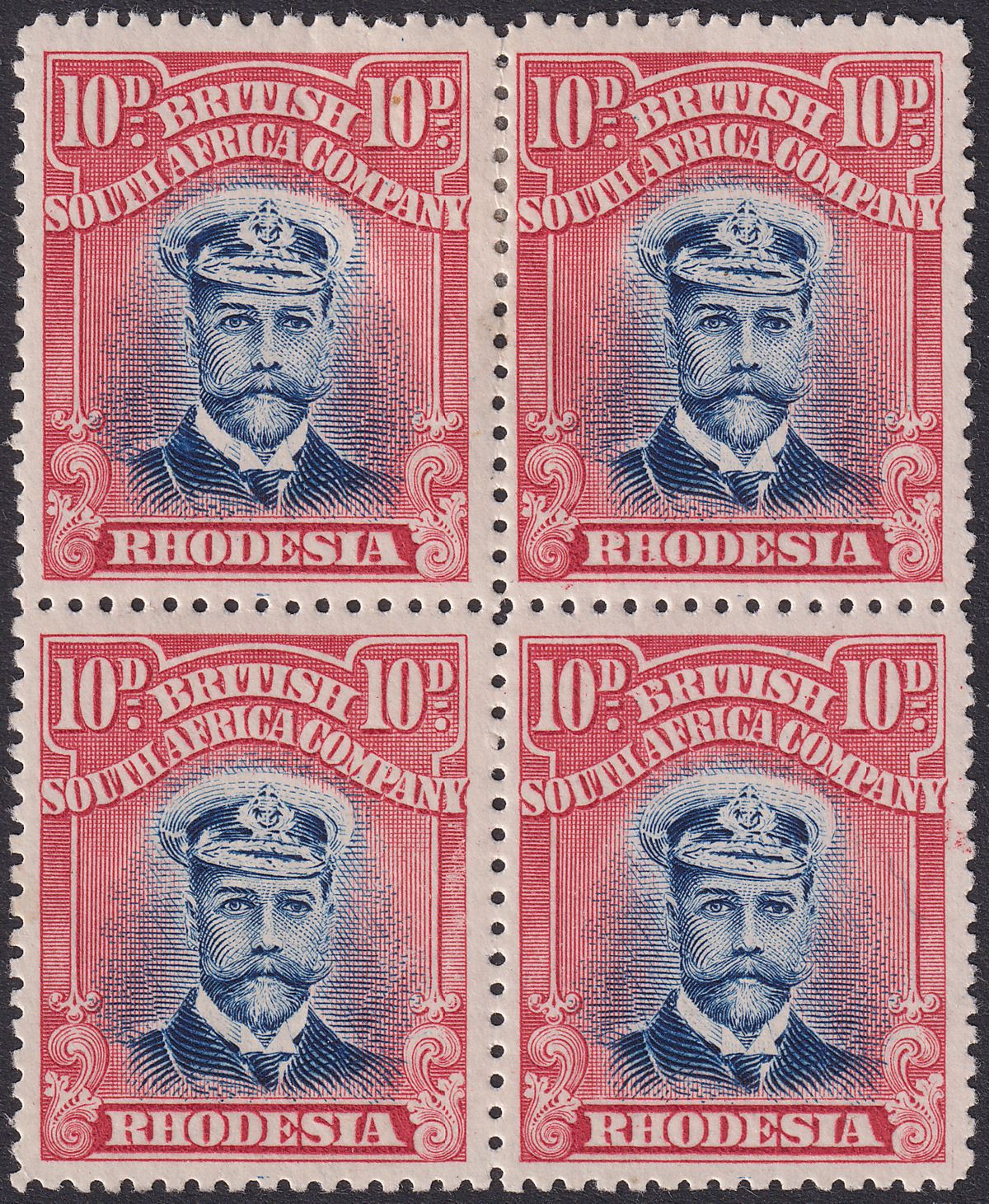 Rhodesia 1913 KGV Admiral 10d Blue + Carm-Red Die II p15 Block 4 Mint SG247 c£80