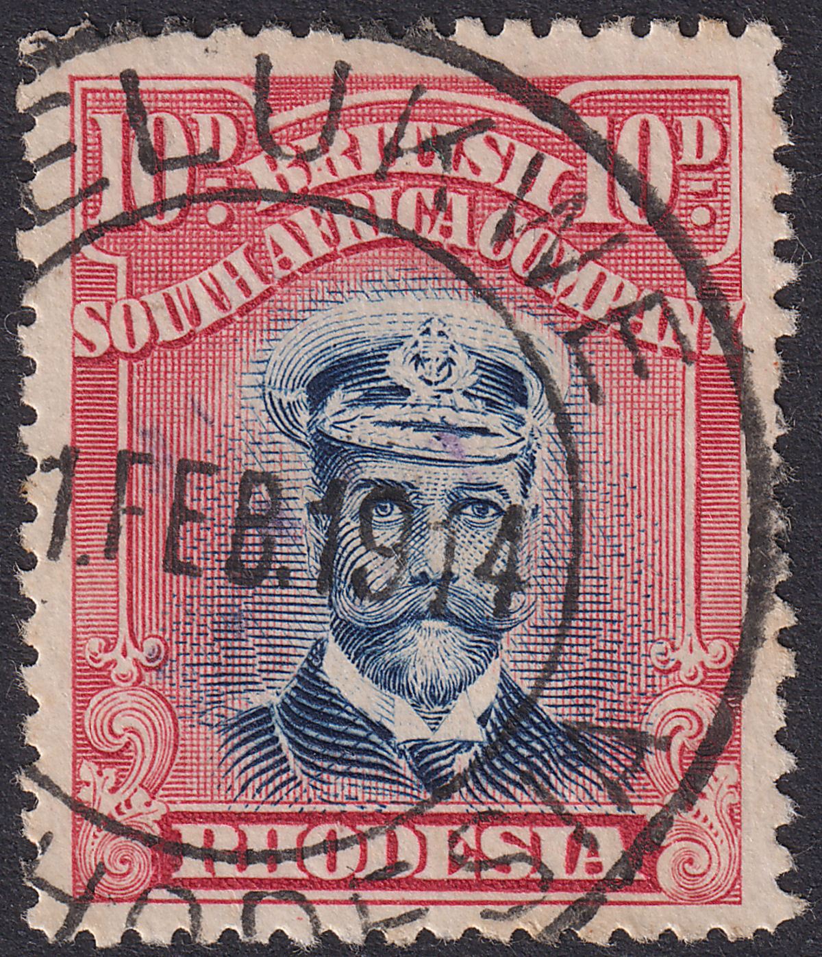 Rhodesia 1913 KGV Admiral 10d Blue + Carm-Red Die II p14 Used SG231 c£65 SELUKWE