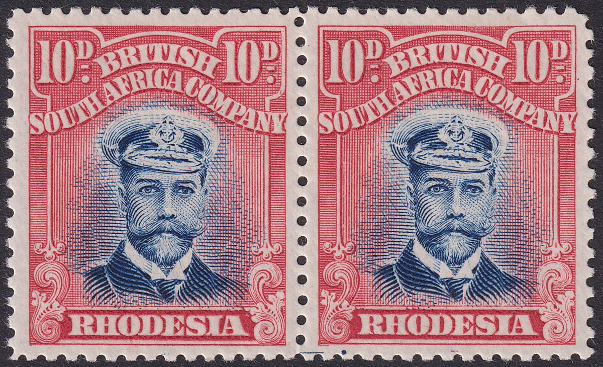 Rhodesia 1913 KGV Admiral 10d Blue + Red Die II p14 Pair Mint SG231 Printer Line