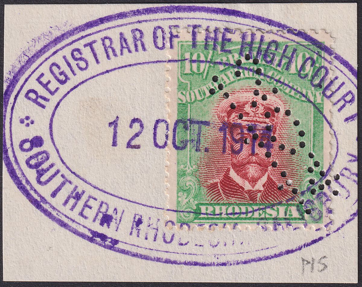 Rhodesia 1913 KGV Admiral 10sh Brown-Lake + Green Die II p15 Fiscally Used SG253