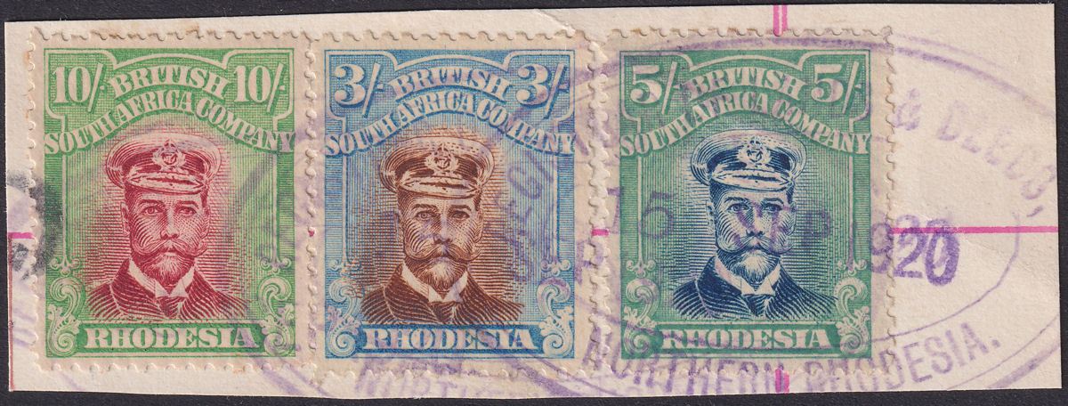 Rhodesia 1913 KGV Admiral 10sh Die IIIA + 5sh + 3sh Die IIIB Fiscal Used SG274c