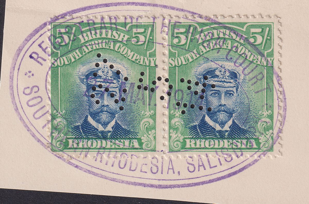 Rhodesia 1913 KGV Admiral 5sh Blue + Yel-Green Die II p15 Pair Fiscal Used SG251