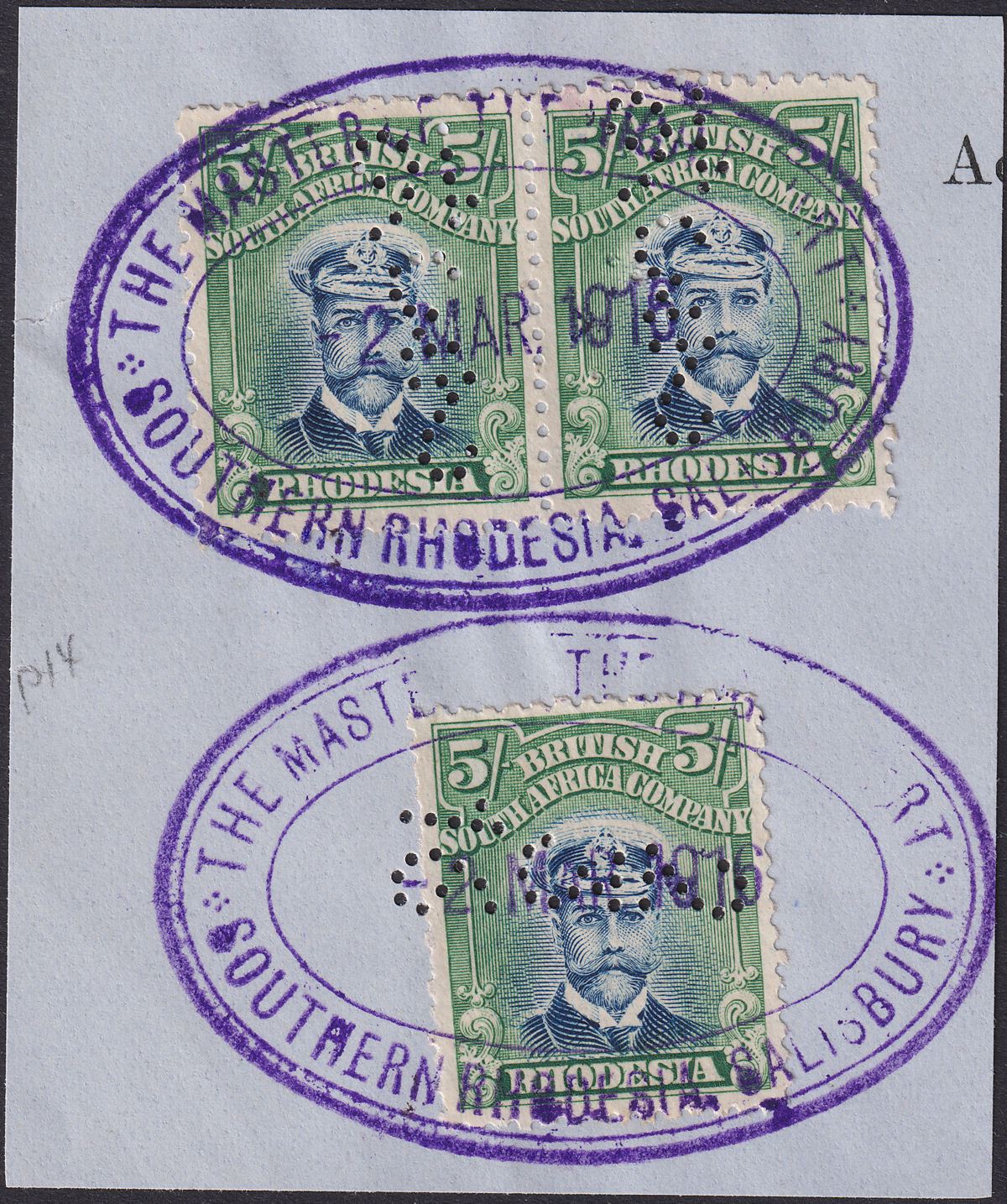 Rhodesia 1913 KGV Admiral 5sh Blue + Green x3 Die II p14 Fiscally Used SG239a