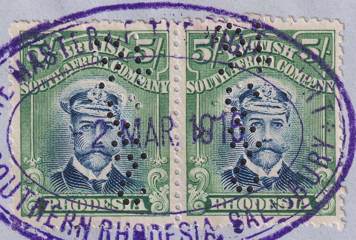 Rhodesia 1913 KGV Admiral 5sh Blue + Green x3 Die II p14 Fiscally Used SG239a