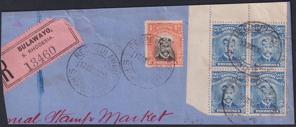 Rhodesia 1913 KGV Admiral 4d Pale Or-Red + 2½d Block Used Piece SG201 SG225b