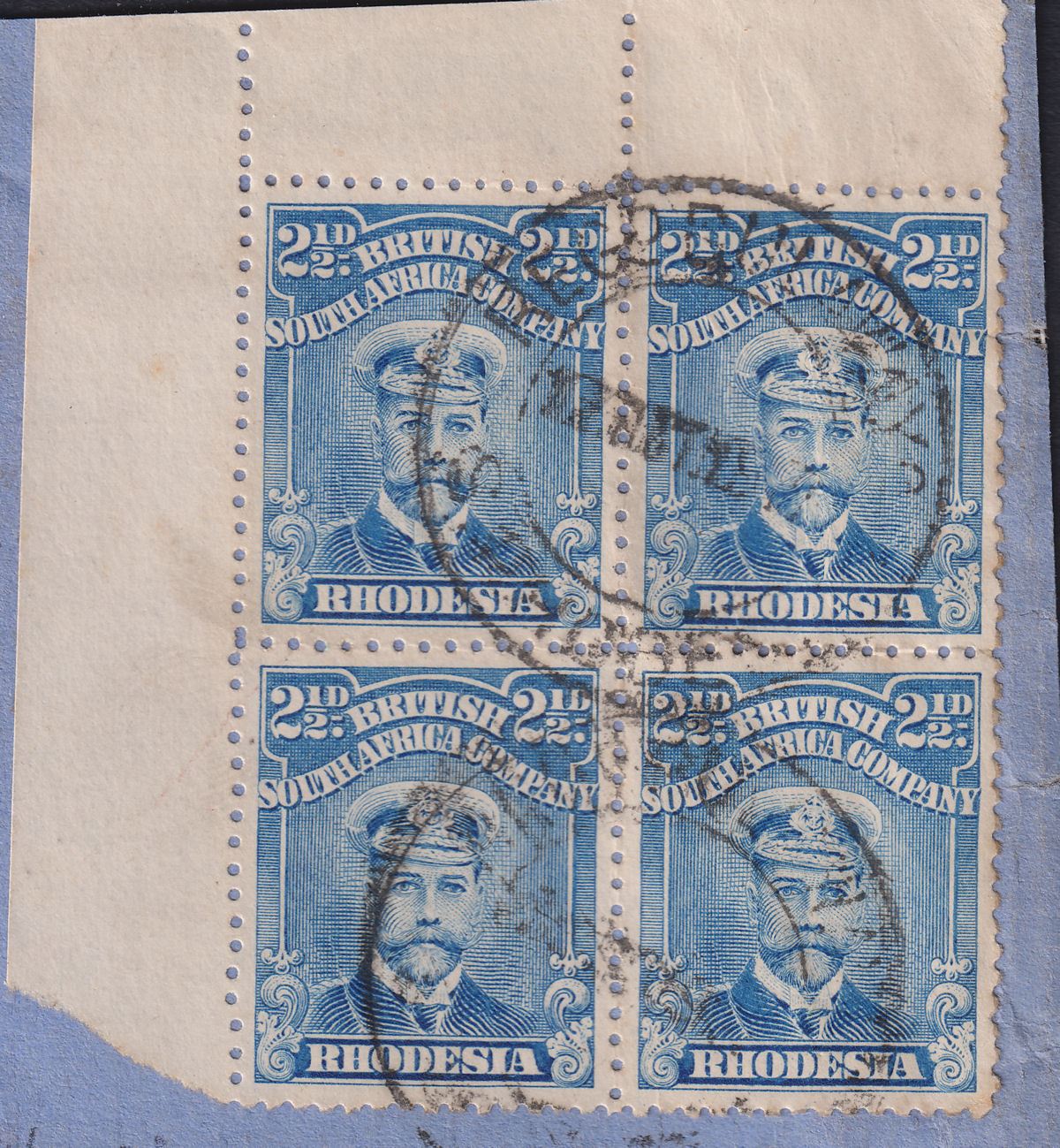 Rhodesia 1913 KGV Admiral 4d Pale Or-Red + 2½d Block Used Piece SG201 SG225b