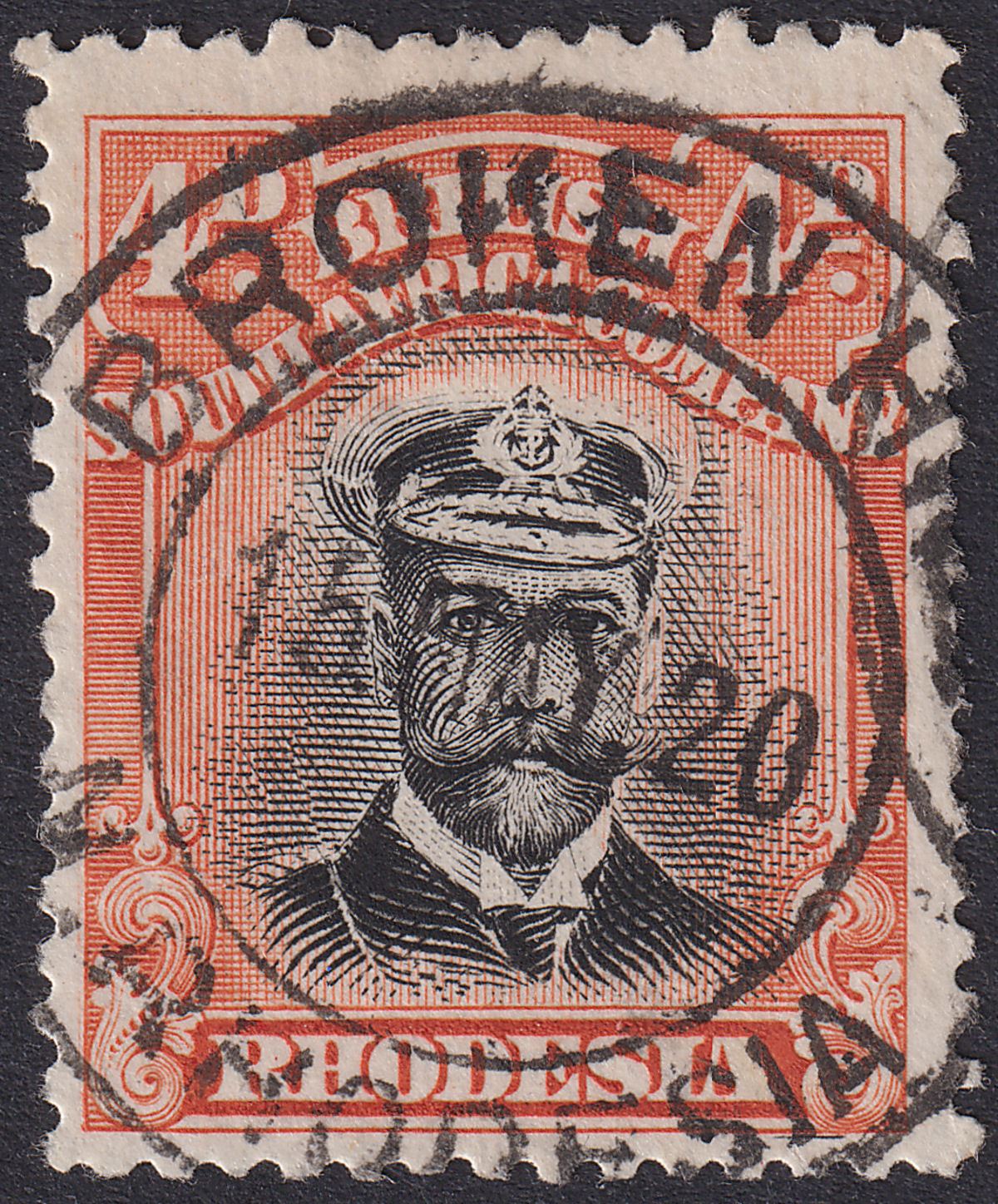 Rhodesia 1913 KGV Admiral 4d Black and Orange-Red Die I p14 Used SG211 cat £45