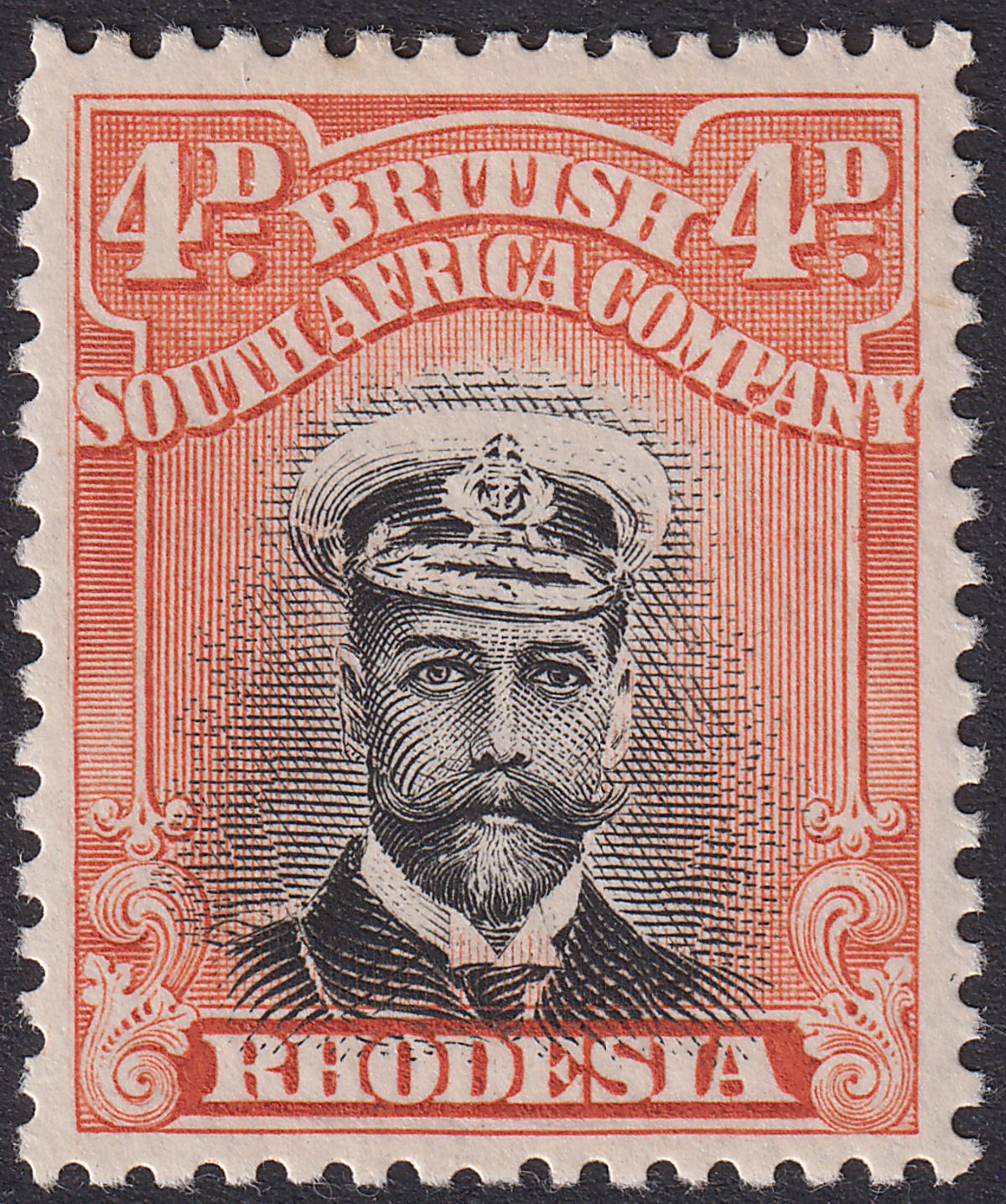 Rhodesia 1913 KGV Admiral 4d Black and Orange-Red Die I p14 Mint SG211 cat £18