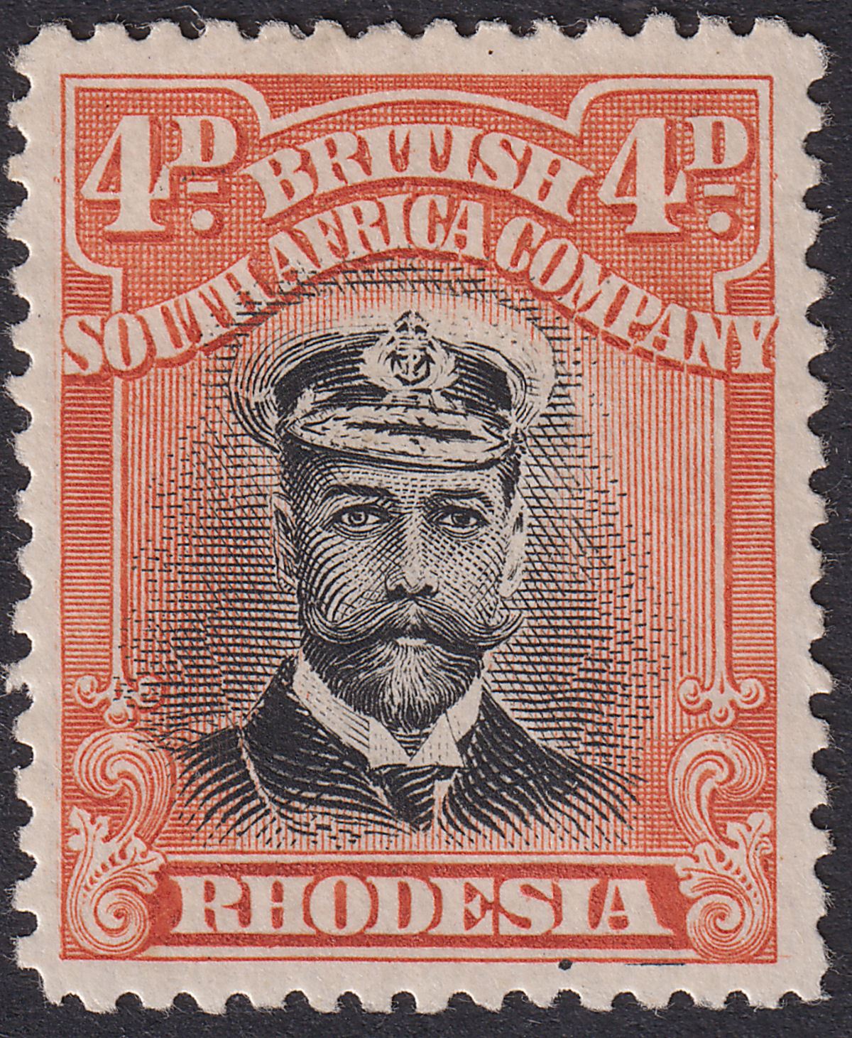 Rhodesia 1913 KGV Admiral 4d Black + Or-Red Die I p14 Mint SG211 Printer's Line