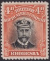 Rhodesia 1913 KGV Admiral 4d Black + Or-Red Die I p14 Mint SG211 Printer