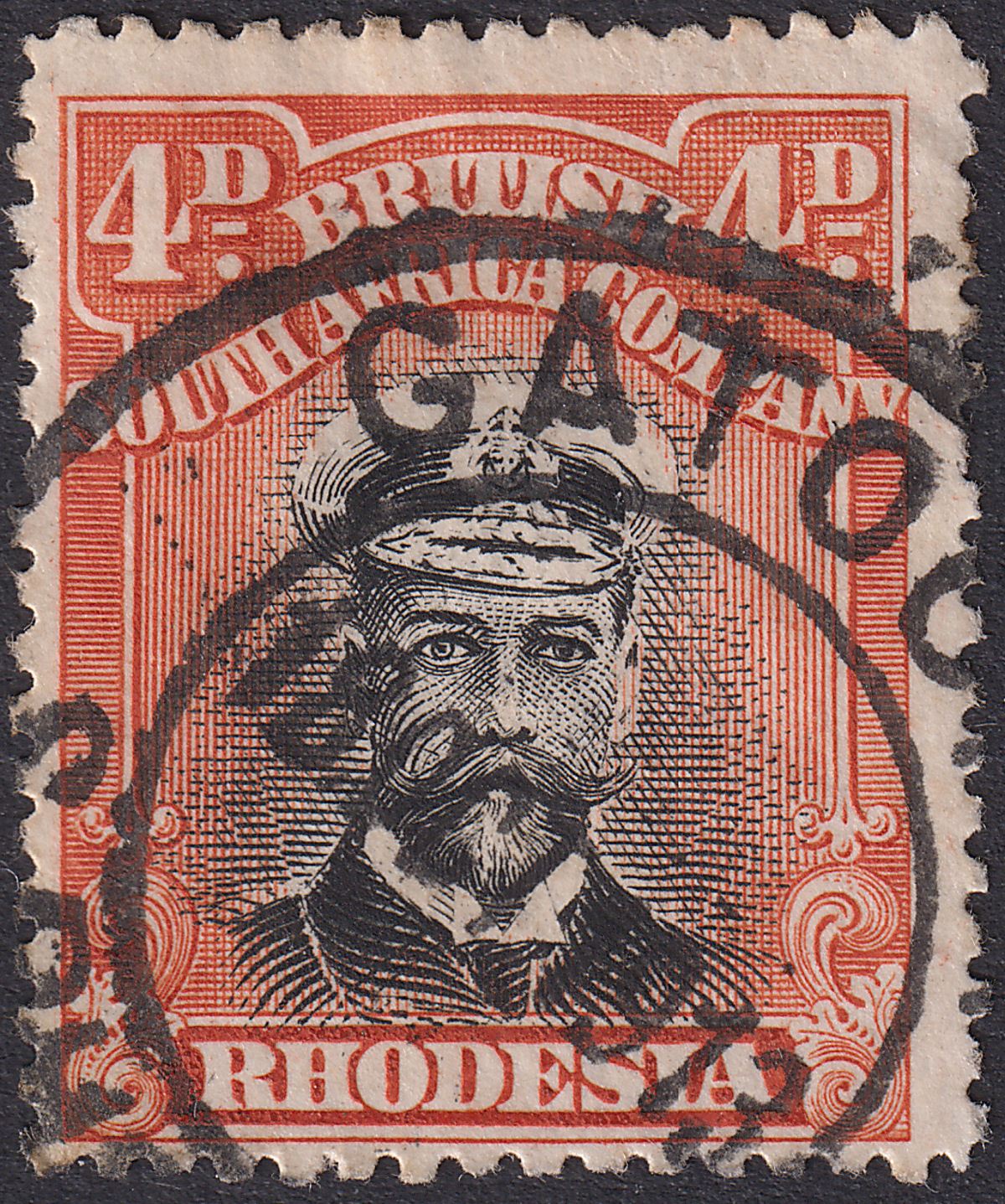 Rhodesia 1913 KGV Admiral 4d Black and Orange-Red Die I p15 Used SG216 cat £30