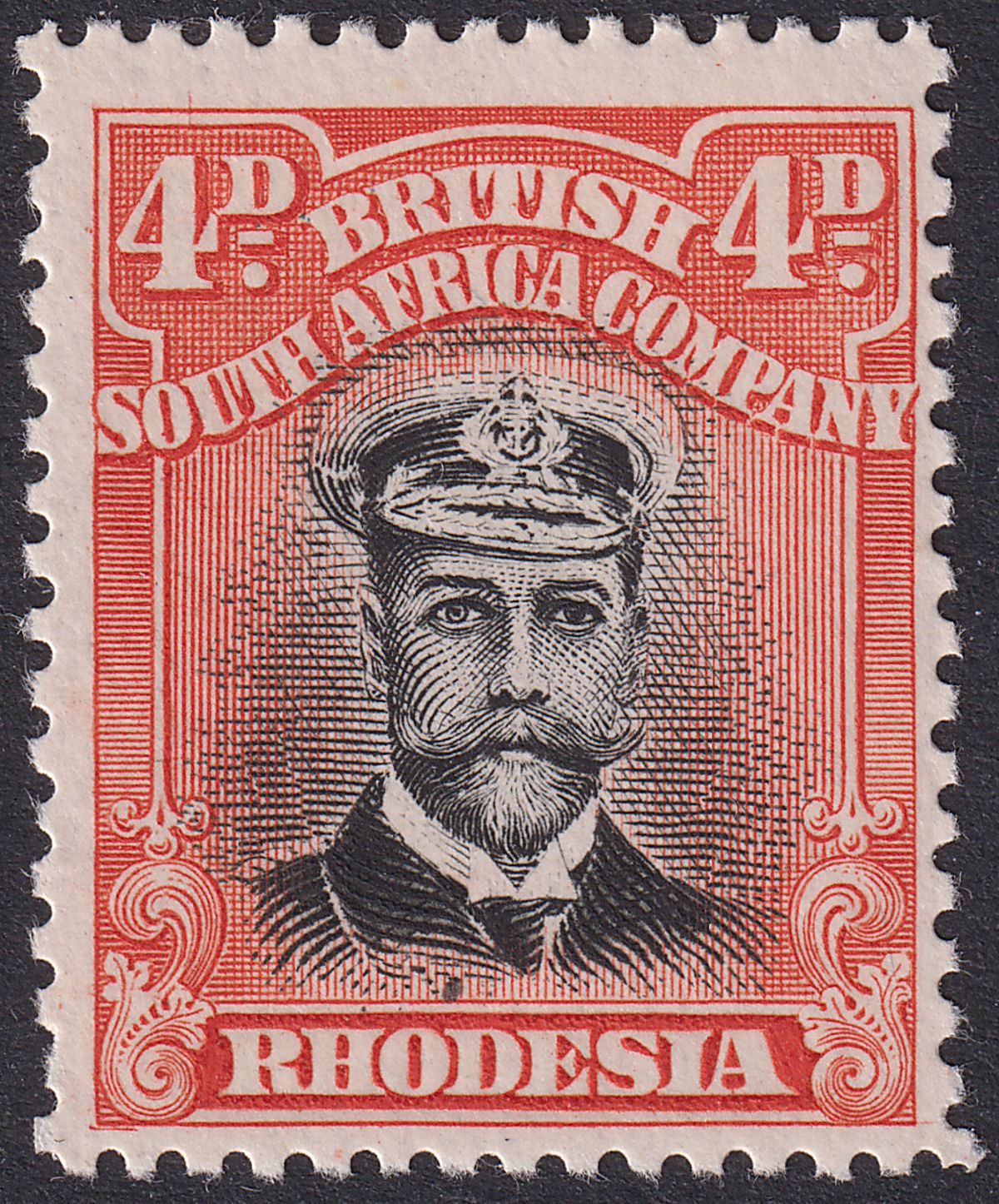 Rhodesia 1913 KGV Admiral 4d Black + Deep Orange-Red Die II p14 Mint SG225 c£26