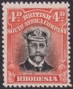 Rhodesia 1913 KGV Admiral 4d Black + Deep Orange-Red Die II p14 Mint SG225 c£26