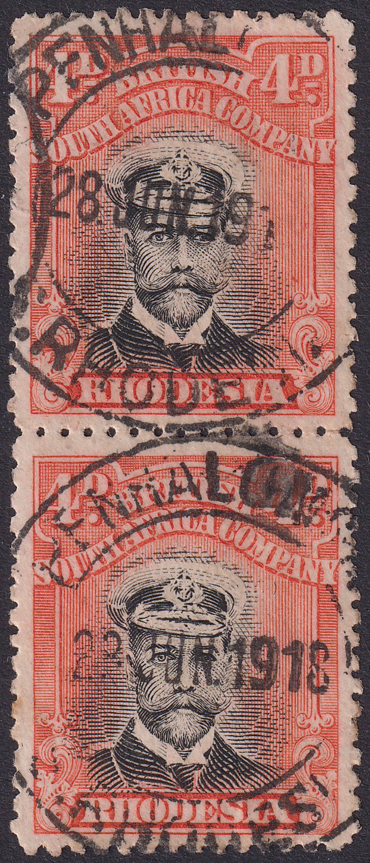 Rhodesia 1913 KGV Admiral 4d Black + Pale Orange-Red Die II p14 Pair Used SG225b