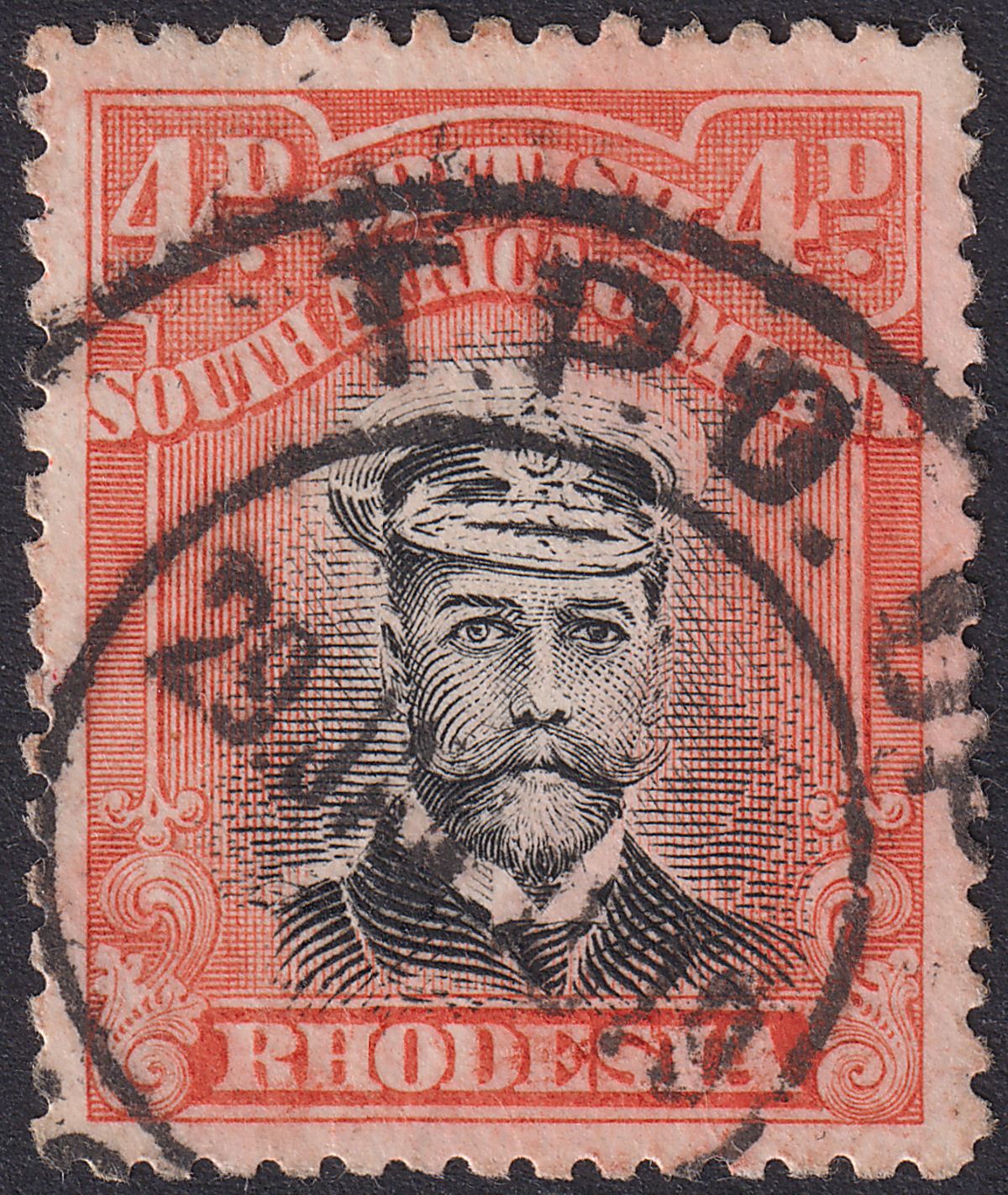 Rhodesia 1913 KGV Admiral 4d Black + Pale Or-Red Die II p14 Used SG225b TPO UP