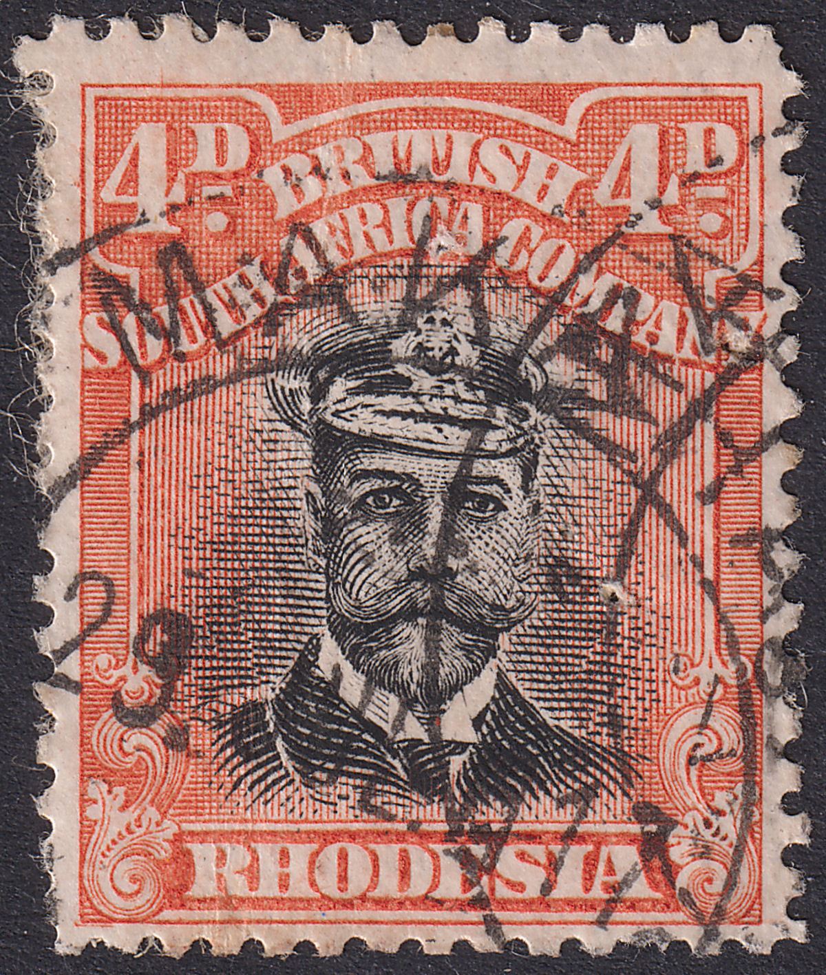 Rhodesia 1913 KGV Admiral 4d Black + Pale Or-Red Die II p14 Used SG225b MAKAHA
