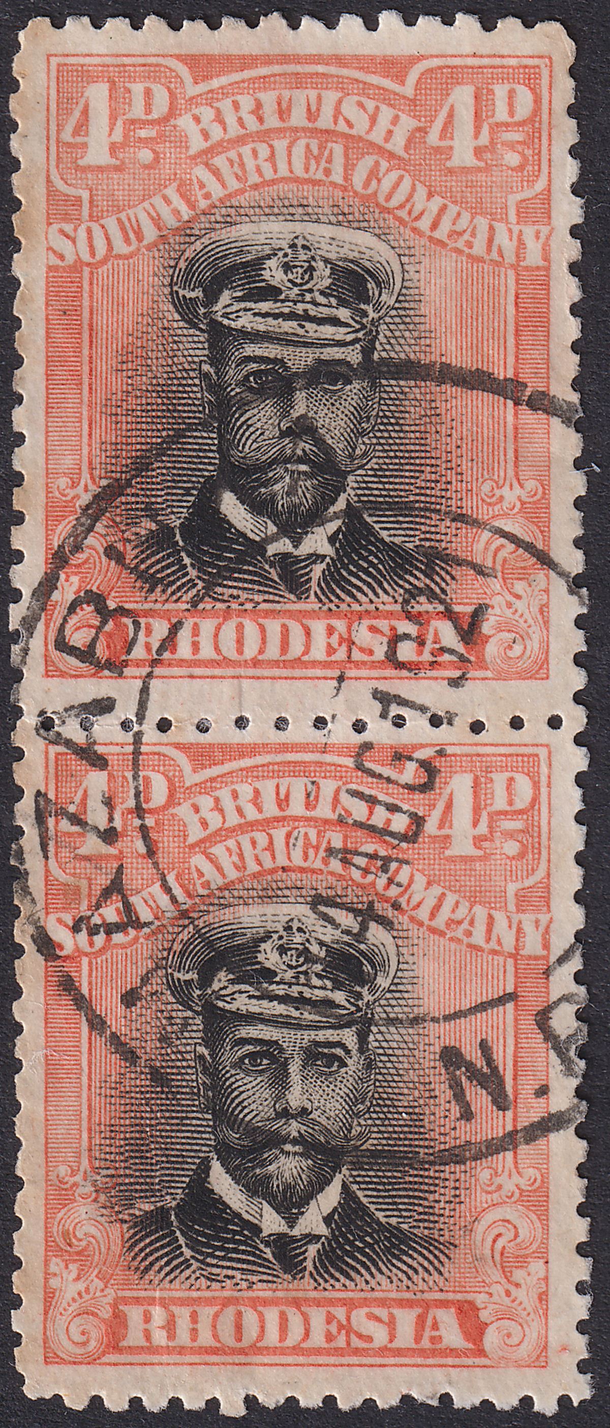 Rhodesia 1917 KGV Admiral 4d Deep Black and Orange Die IIIA p14 Pair Used SG255d
