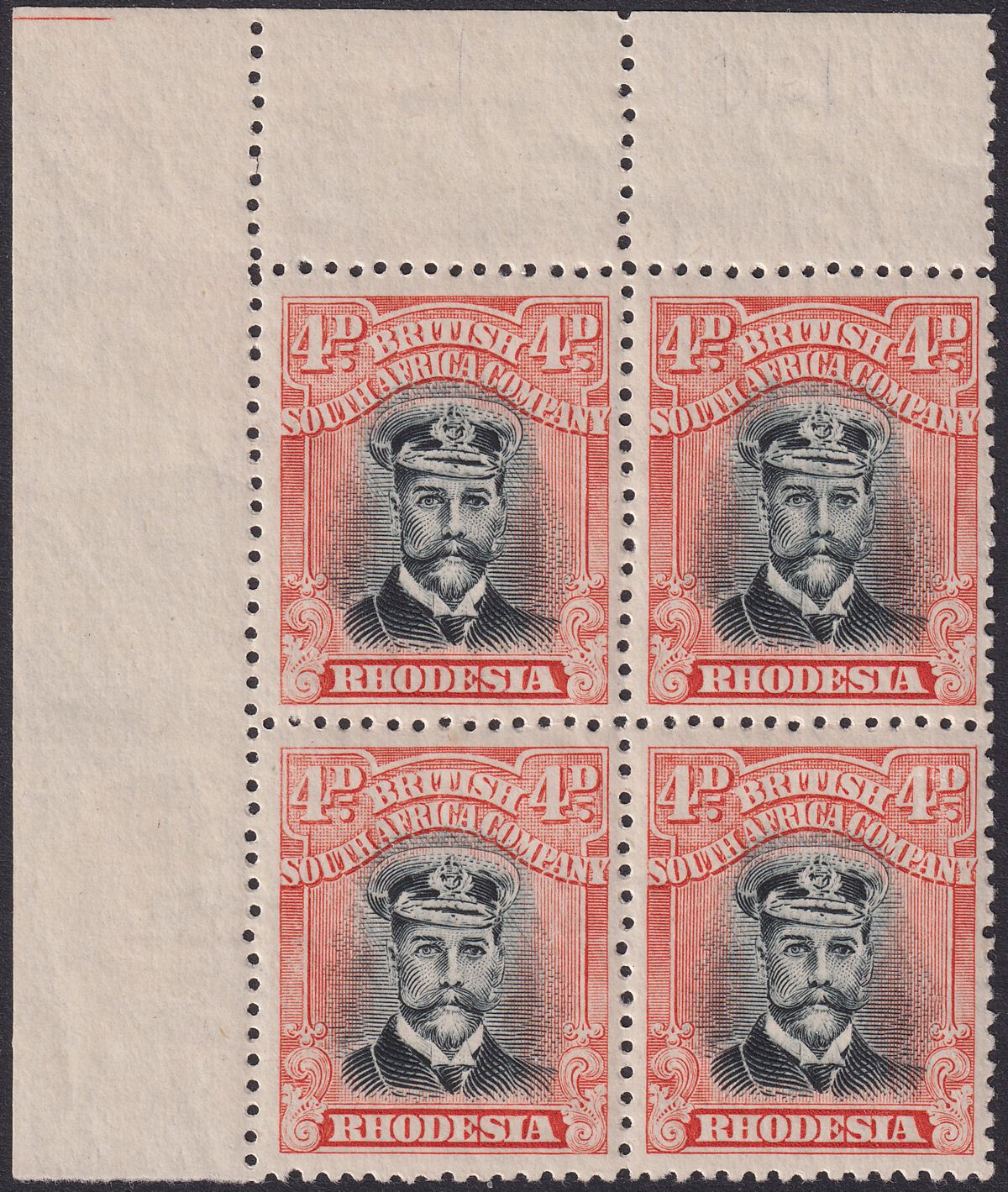 Rhodesia 1918 KGV Admiral 4d Sl Black + Dull Red Die IIIB Blk Mint SG262 Plate 8