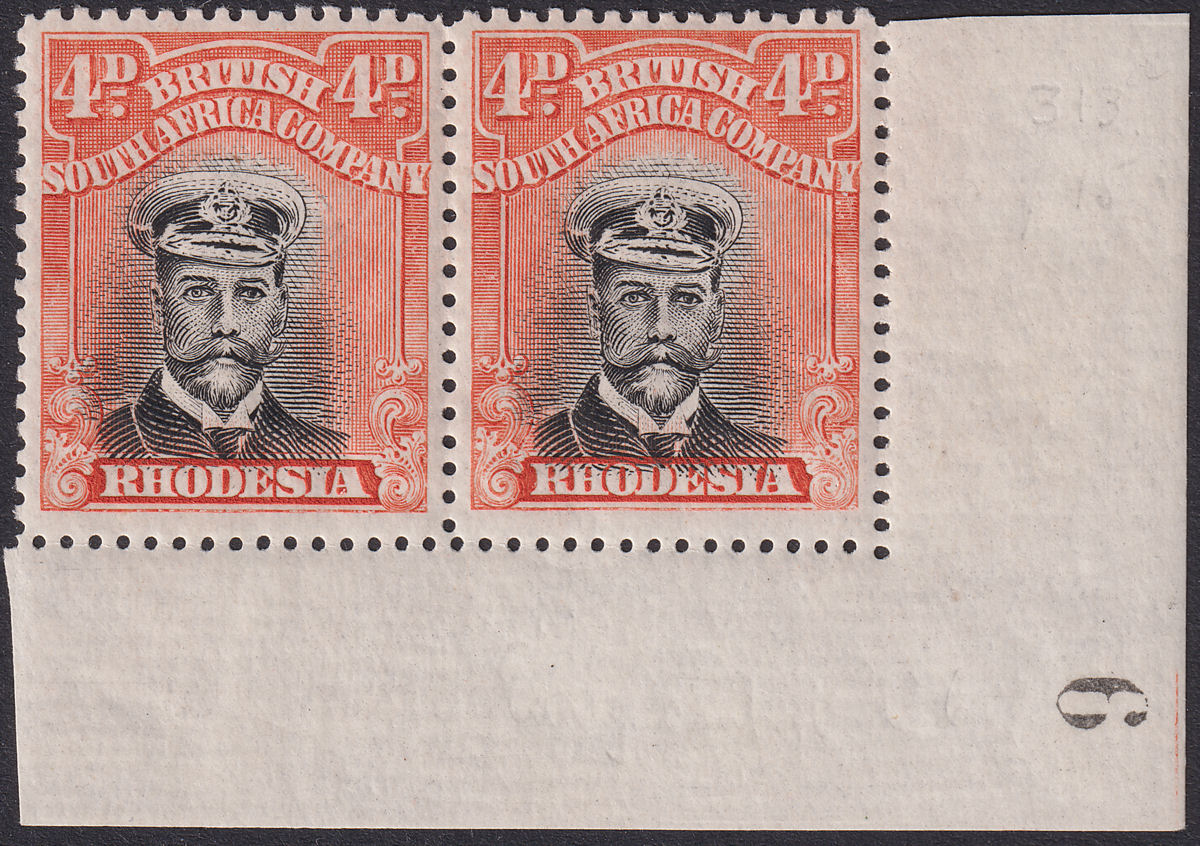 Rhodesia 1923 KGV Admiral 4d Black + Orange-Red Die IIIB p15 Pair Mint SG313