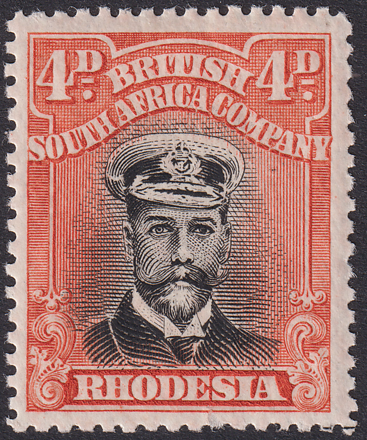 Rhodesia 1923 KGV Admiral 4d Black + Orange-Red Die IIIB p15 Mint SG313 Cap Dot