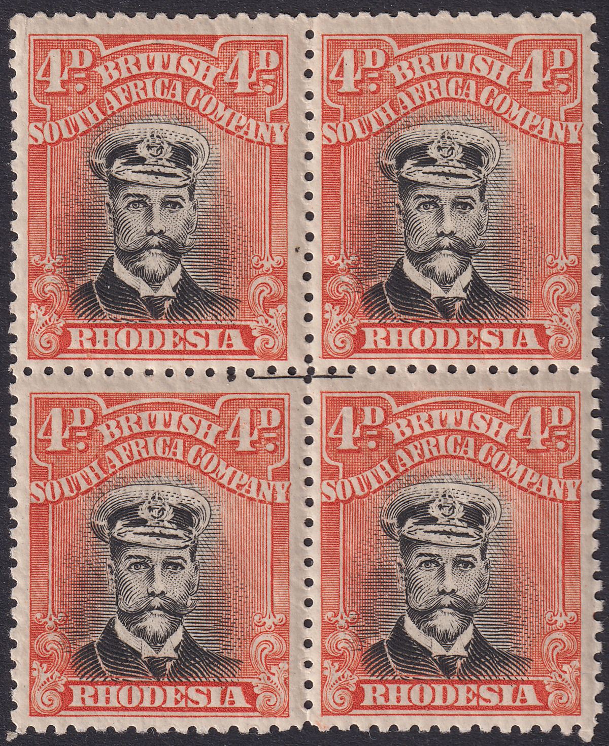 Rhodesia 1918 KGV Admiral 4d Blk + Or-Red Die IIIB p14 Block Mint SG261 Plate 9
