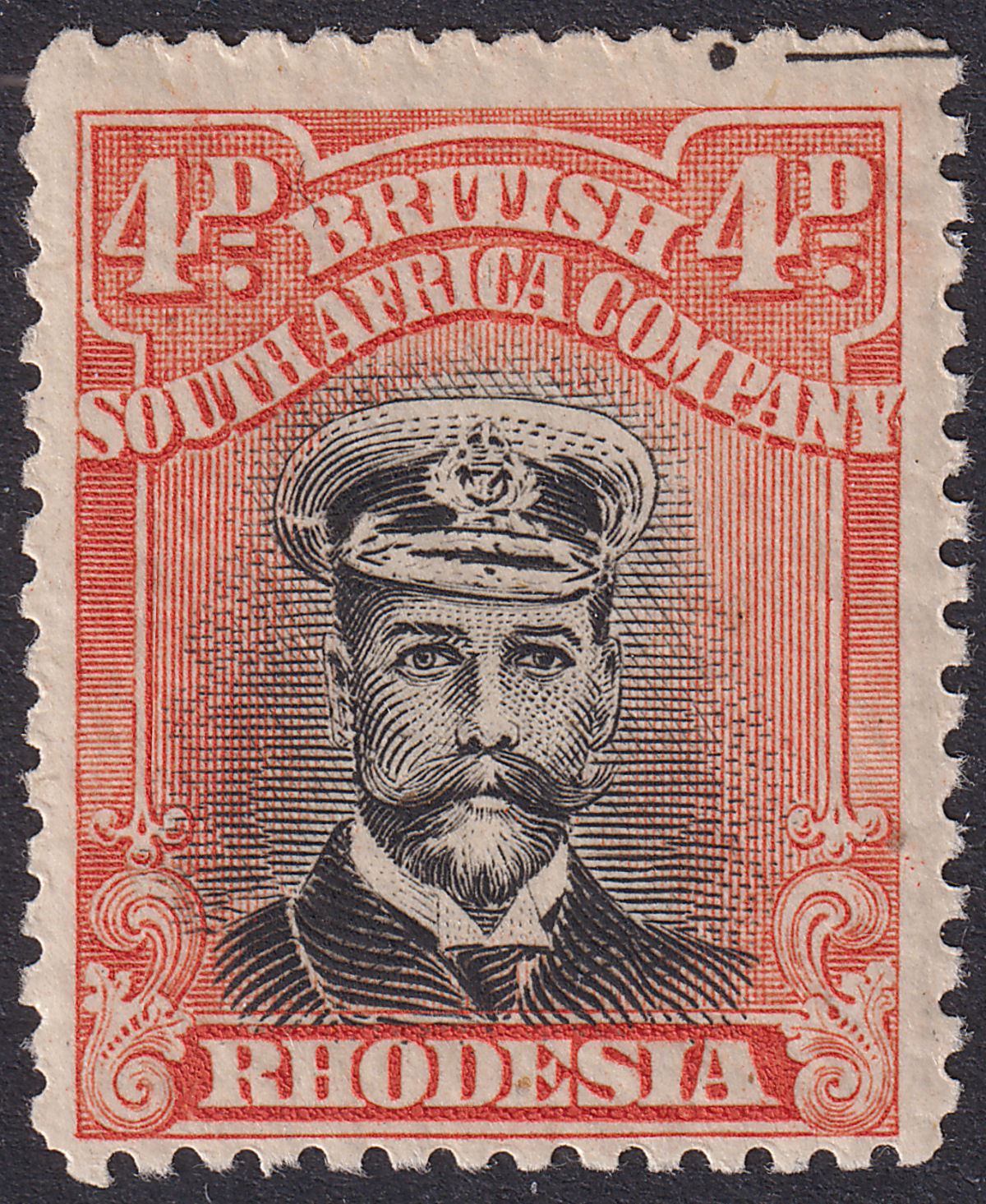 Rhodesia 1918 KGV Admiral 4d Black + Orange-Red Die IIIB p14 Mint SG261 Plate 9