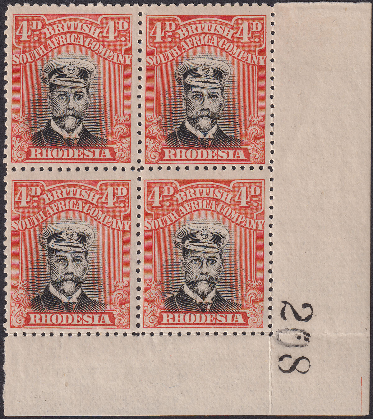 Rhodesia 1918 KGV Admiral 4d Black + Orange-Red Die IIIB p14 Sheet No Mint SG261