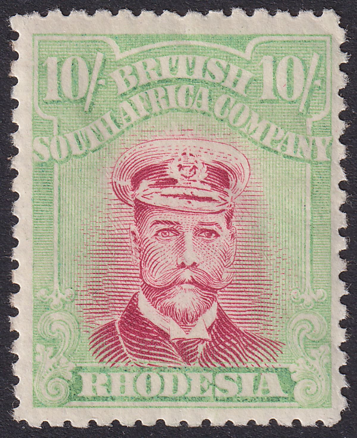 Rhodesia 1922 KGV Admiral 10sh Pl Crimson + Y-Grn Die IIIB p14 Mint SG309a c£450