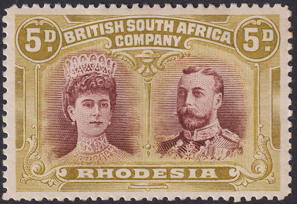 Rhodesia 1910 KGV Double Head 5d Purple-Brown + Olive-Yellow Mint SG141a cat £60