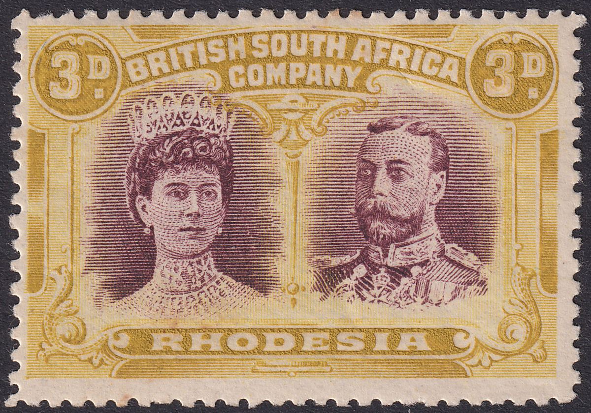 Rhodesia 1910 KGV Double Head 3d Maroon and Ochre Mint SG136a cat £60