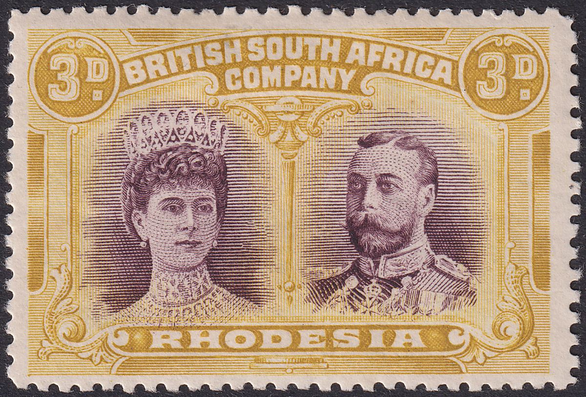 Rhodesia 1910 KGV Double Head 3d Purple and Ochre Mint SG134 cat £50