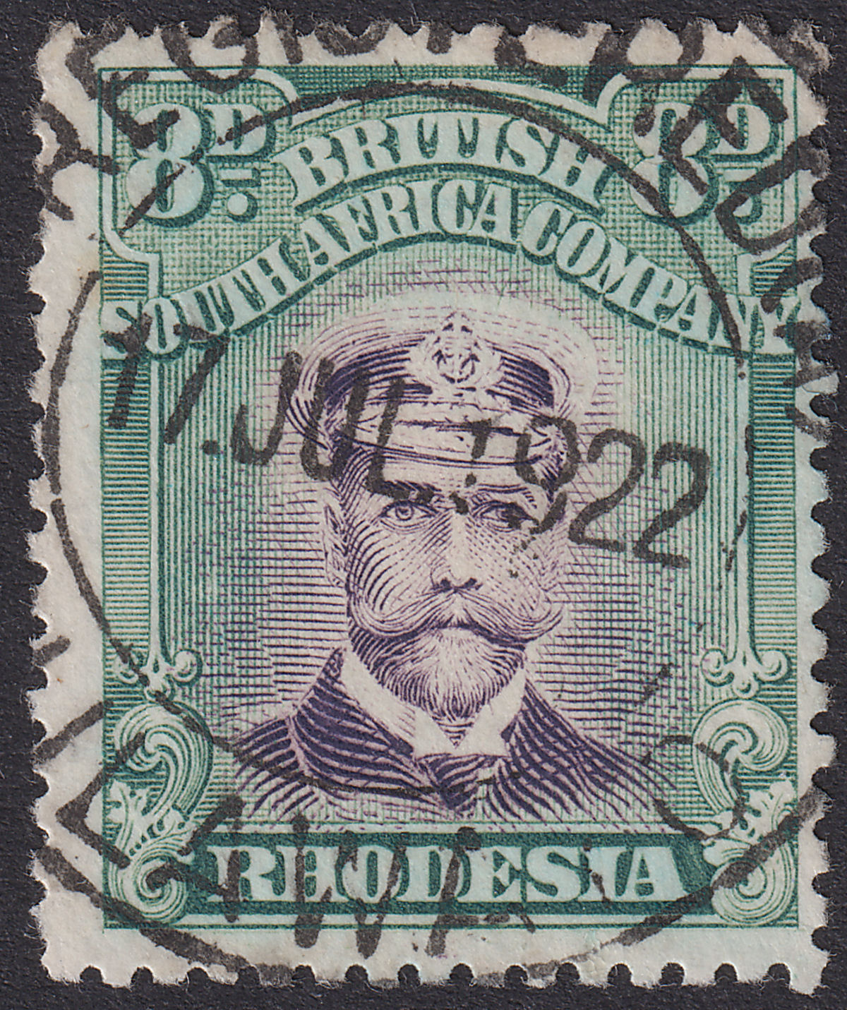 Rhodesia 1913 KGV Admiral 8d Violet + Green Die II p14 Used SG230 c£75 COLR RUN