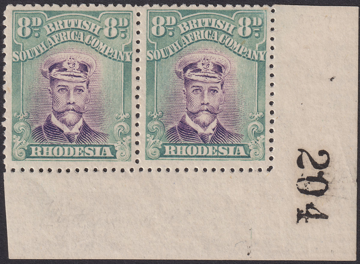 Rhodesia 1918 KGV Admiral 8d Purple + Blue-Green Die IIIB Pair Mint SG267 c£70+