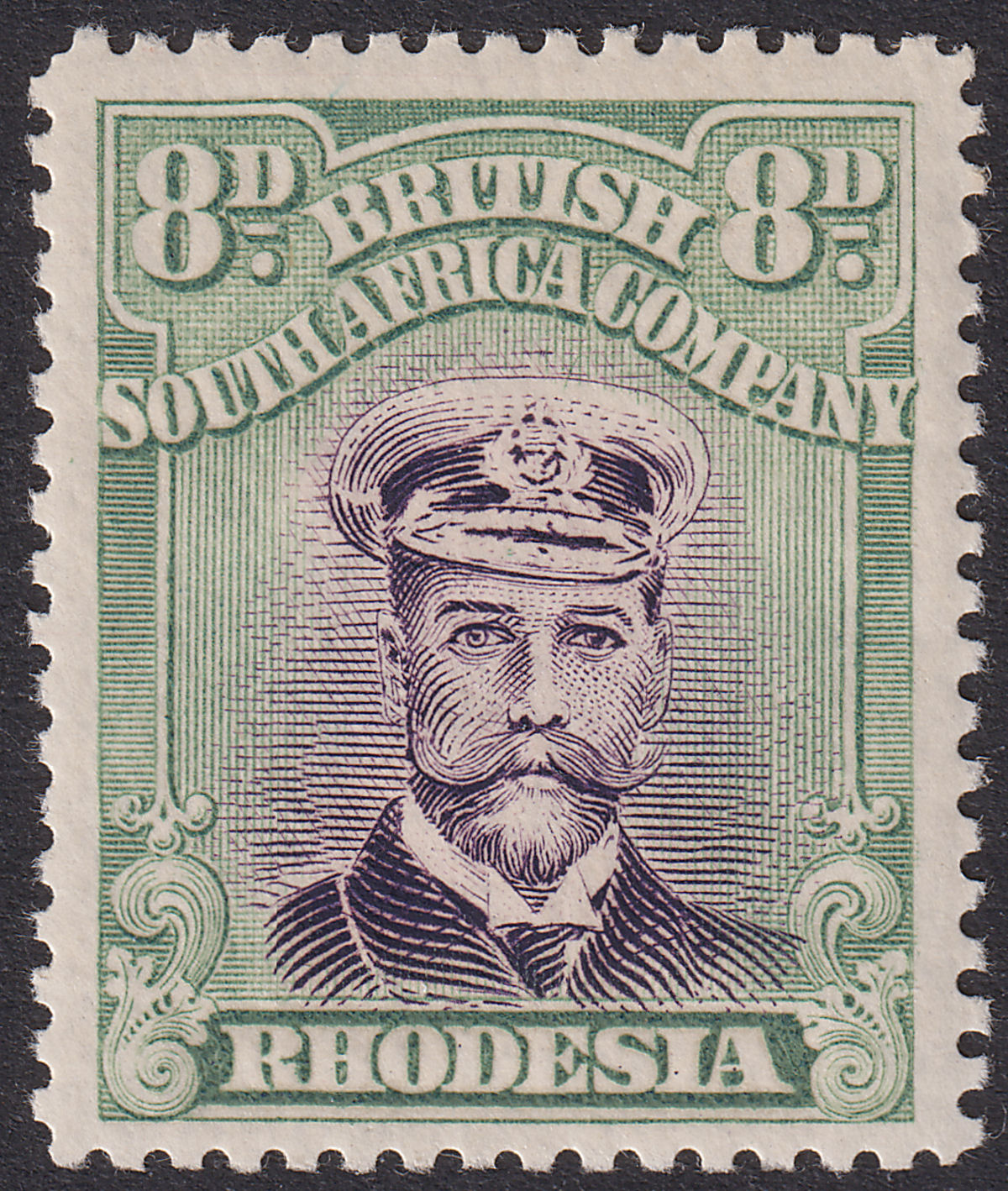 Rhodesia 1923 KGV Admiral 8d Violet + Green Collar Flaw Die IIIB p15 Mint SG315