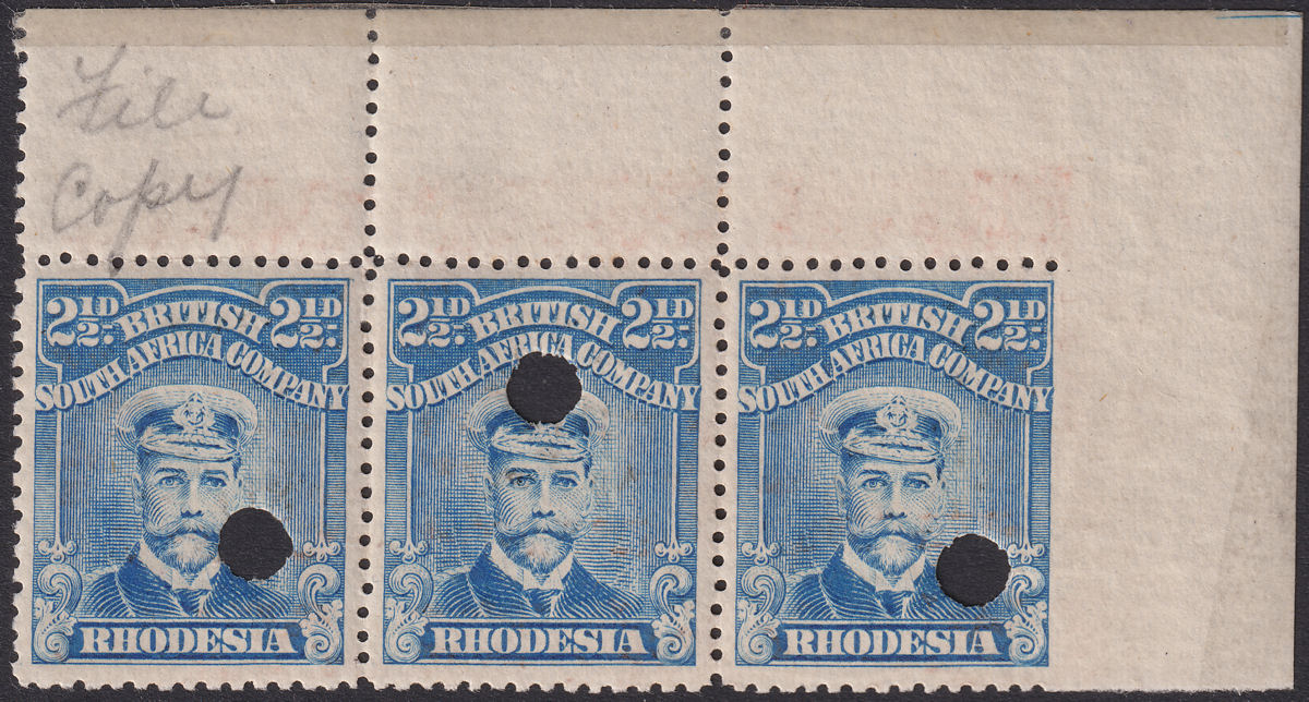 Rhodesia 1913 KGV Admiral 2½d Printer's File Copy Strip 3 Imperf to Margin Mint