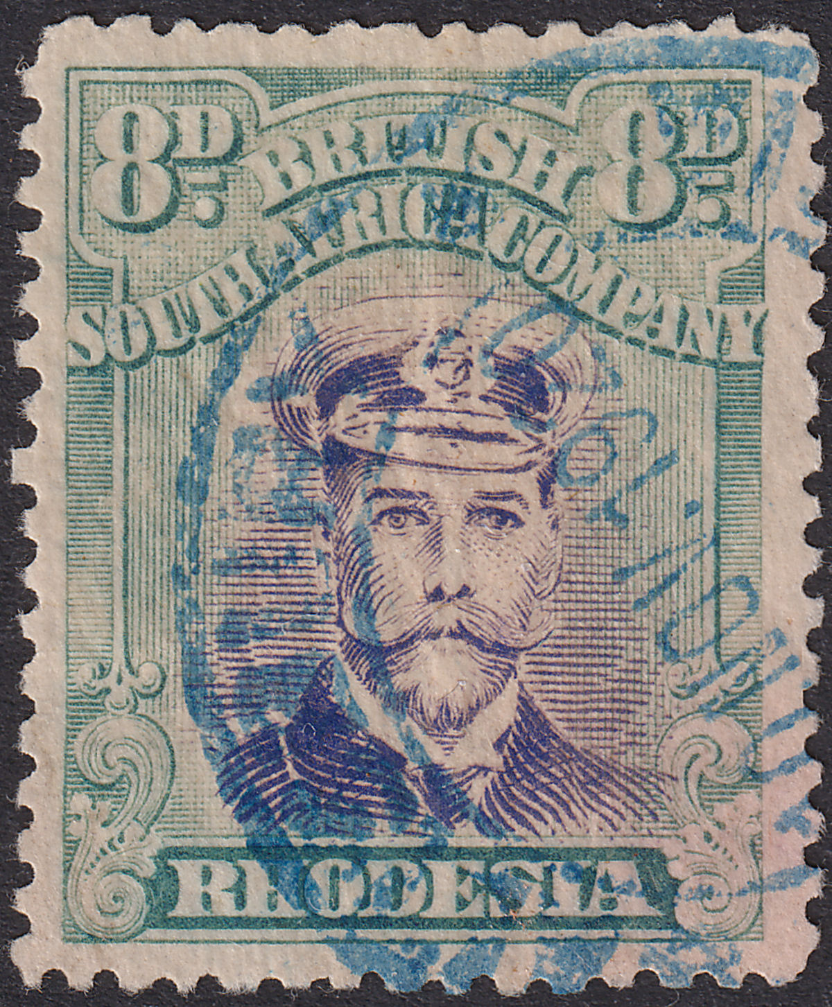Rhodesia 1917 KGV Admiral 8d Red-Lil + Bluish Grn Die IIIA p14 Used SG255h c£250