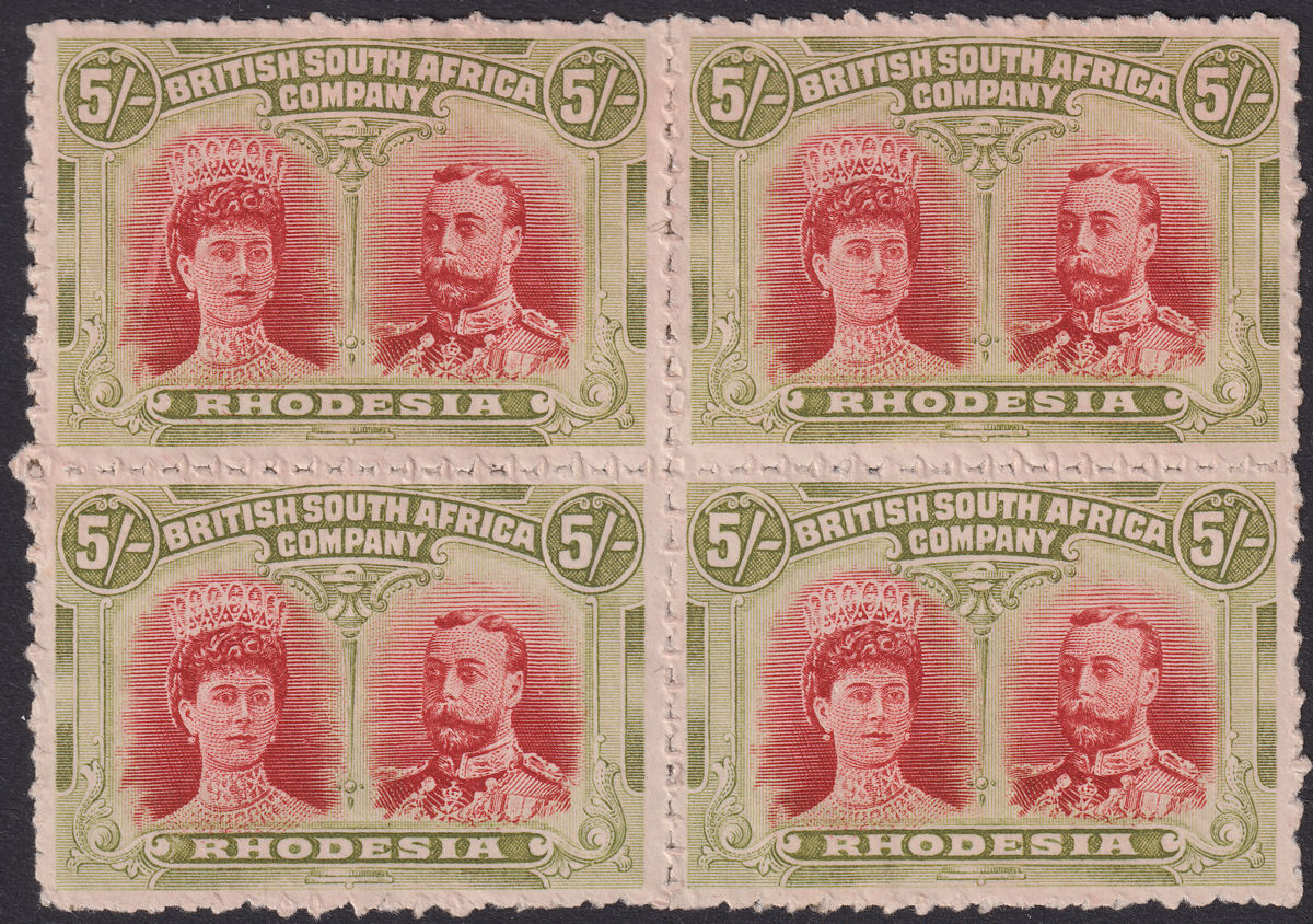 Rhodesia 1910 KGV Double Head 5sh Clandestine Roulette Block of 4 Mint SG160CR