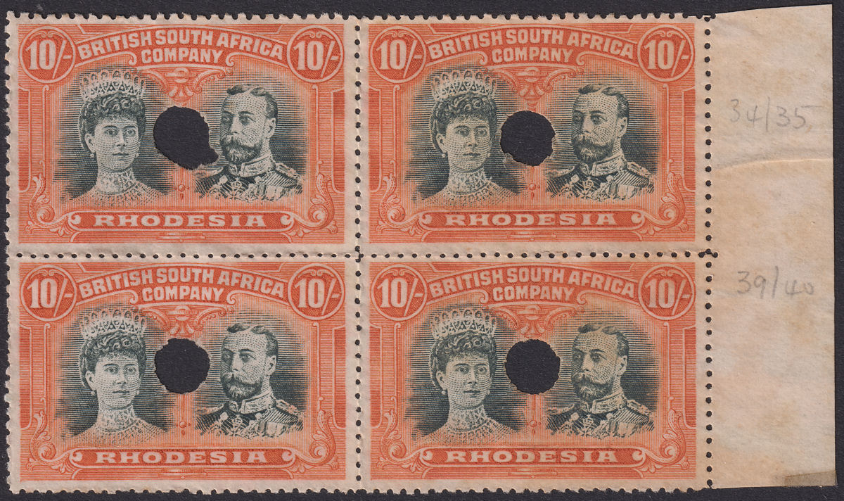 Rhodesia 1910 KGV Printers File Proof Double Head 10sh Myrtle + Or Block SG163