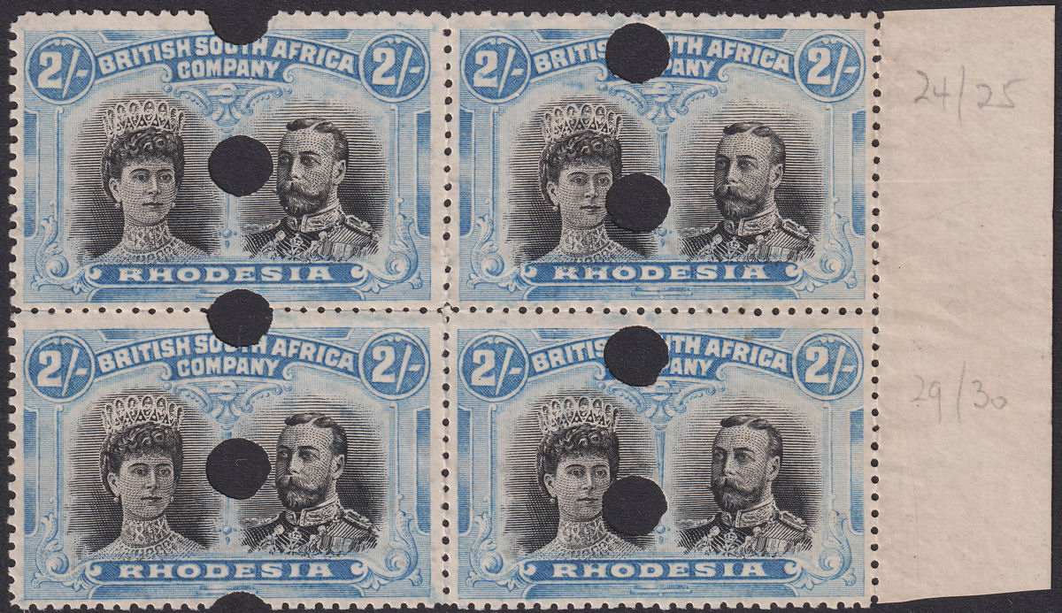Rhodesia 1910 KGV Printers File Proof Double Head 2sh Black + Blue Block RSC-D