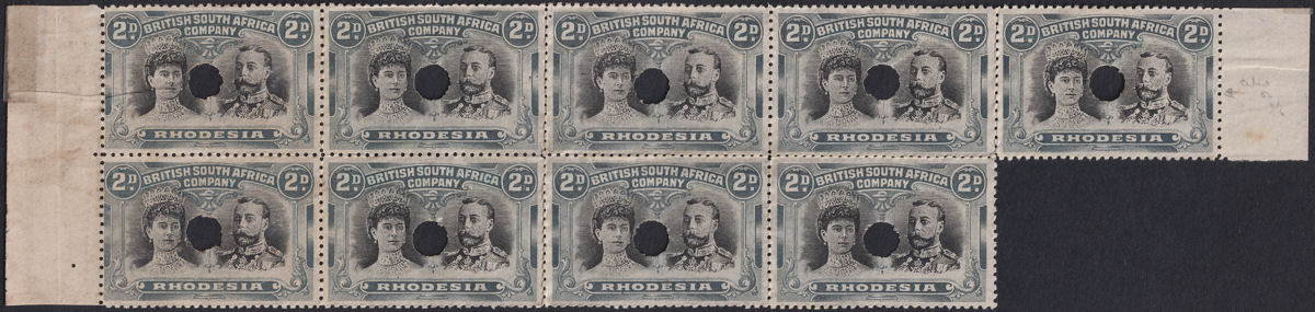 Rhodesia 1910 KGV Printers File Proof Double Head 2d Black + Slate Block SG129