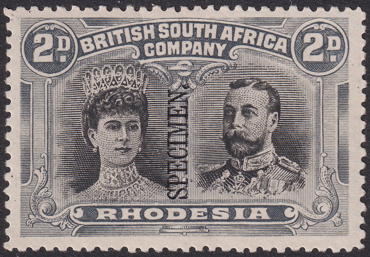 Rhodesia 1910 KGV SPECIMEN Double Head 2d Black + Slt-Grey Mint SG128s Eyebrow L