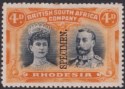 Click for more photos and details Rhodesia 1910 KGV SPECIMEN Double Head 4d Green Black + Orange Mint SG138s tones