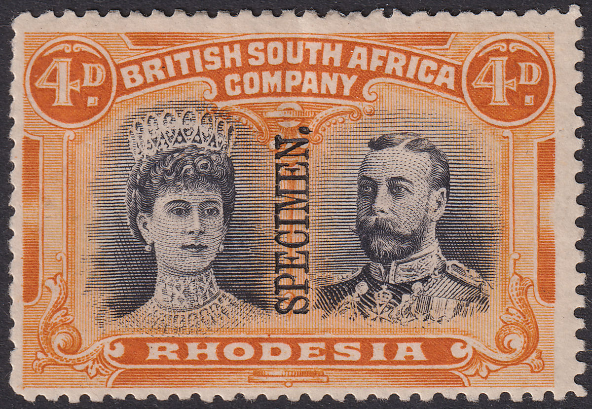 Rhodesia 1910 KGV SPECIMEN Double Head 4d Black and Orange Mint SG140s