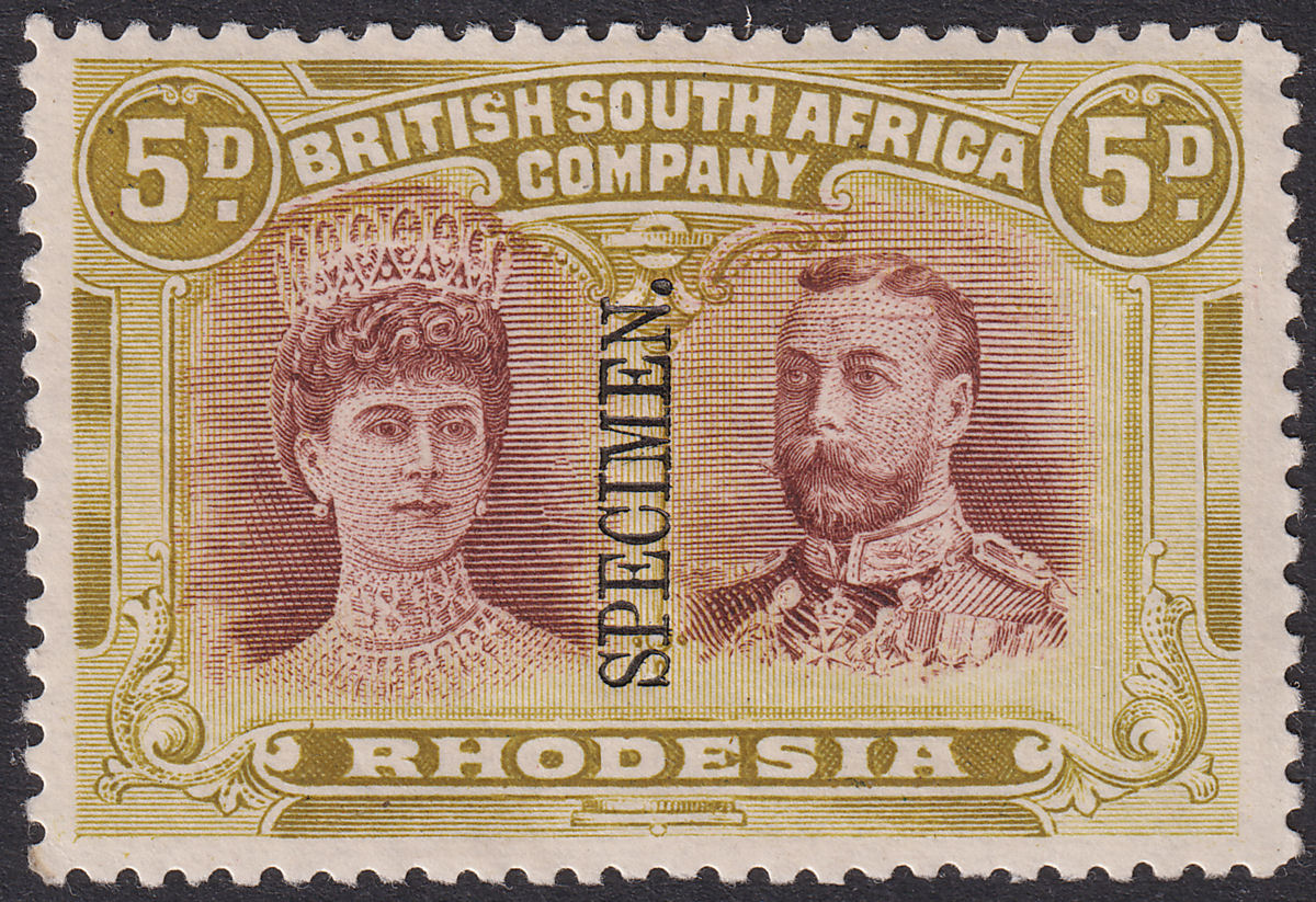 Rhodesia 1910 KGV SPECIMEN Double Head 5d Prp-Brn + Ol-Yl Mint SG141as Eyebrow L