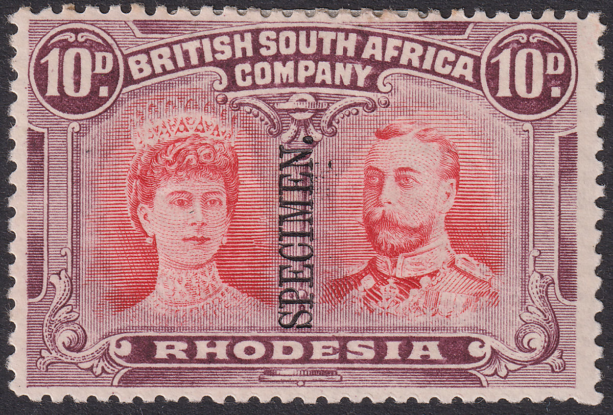 Rhodesia 1910 KGV SPECIMEN Double Head 10d Scarlet + Red Mauve Mint SG149s