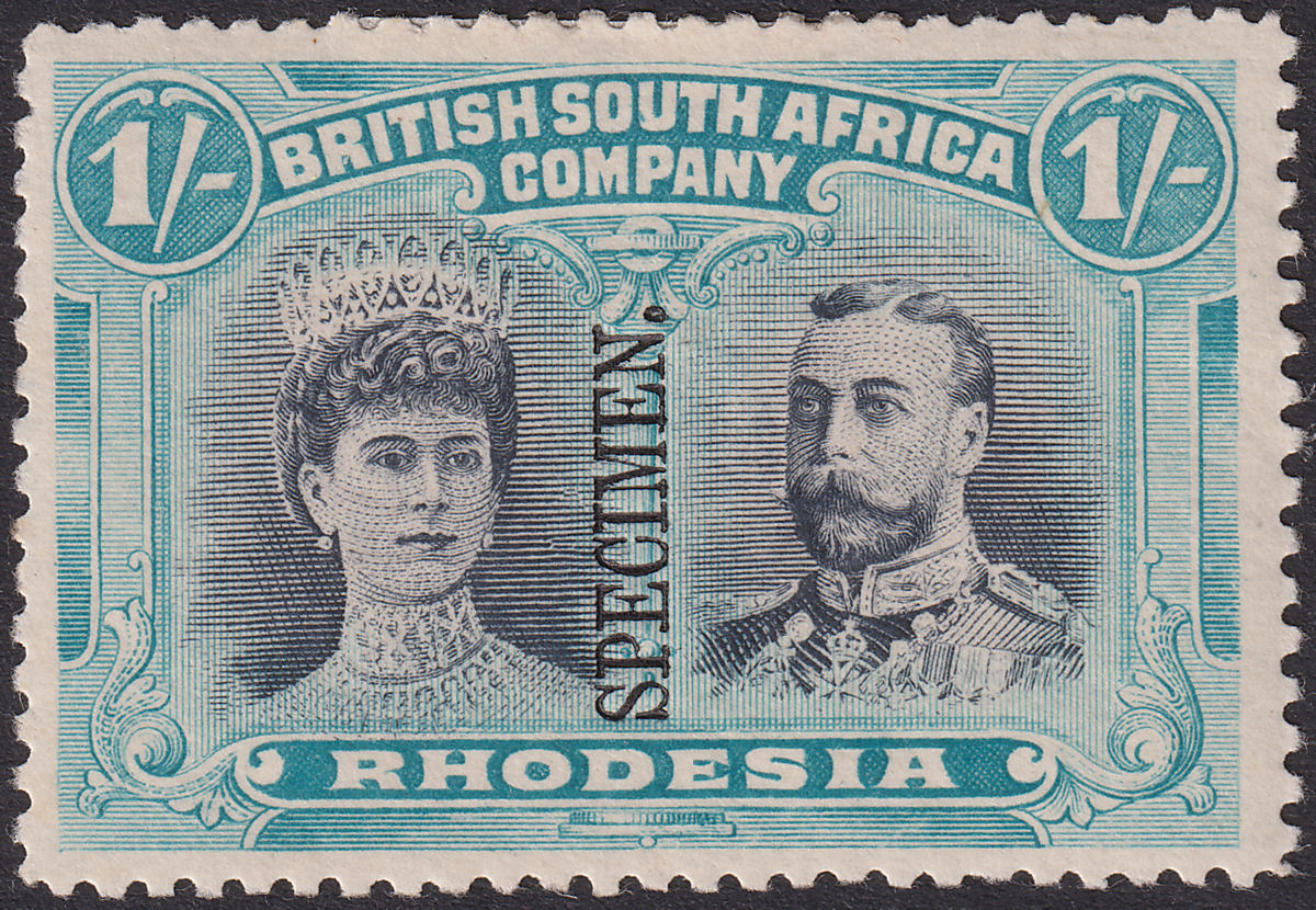 Rhodesia 1910 KGV SPECIMEN Double Head 1sh Black + Blue-Green p14 Mint SG151s
