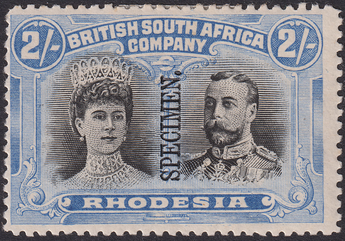 Rhodesia 1910 KGV SPECIMEN Double Head 2sh Black + Ultramarine p14 Mint SG153s