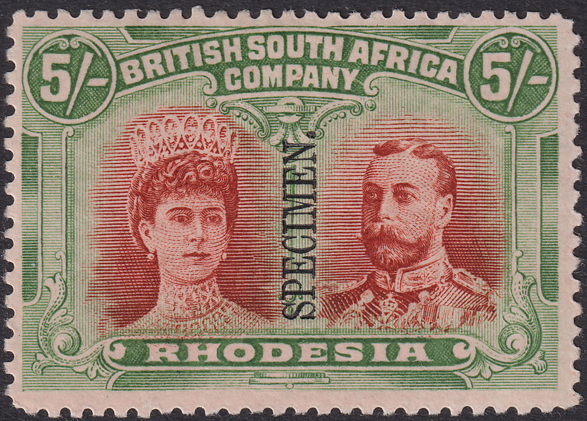 Rhodesia 1910 KGV SPECIMEN Double Head 5sh Vermilion + Deep Green Mint SG159s