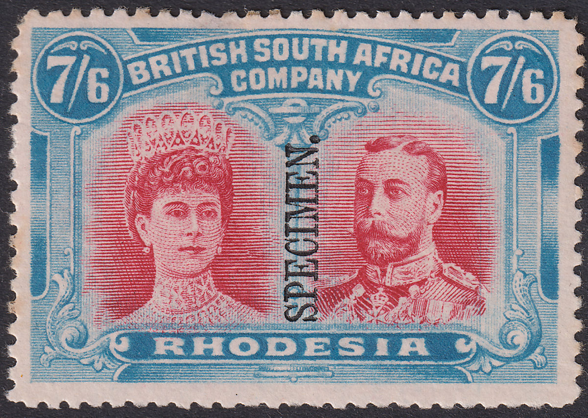 Rhodesia 1910 KGV SPECIMEN Double Head 7sh6d Carmine + Light Blue Mint SG161s